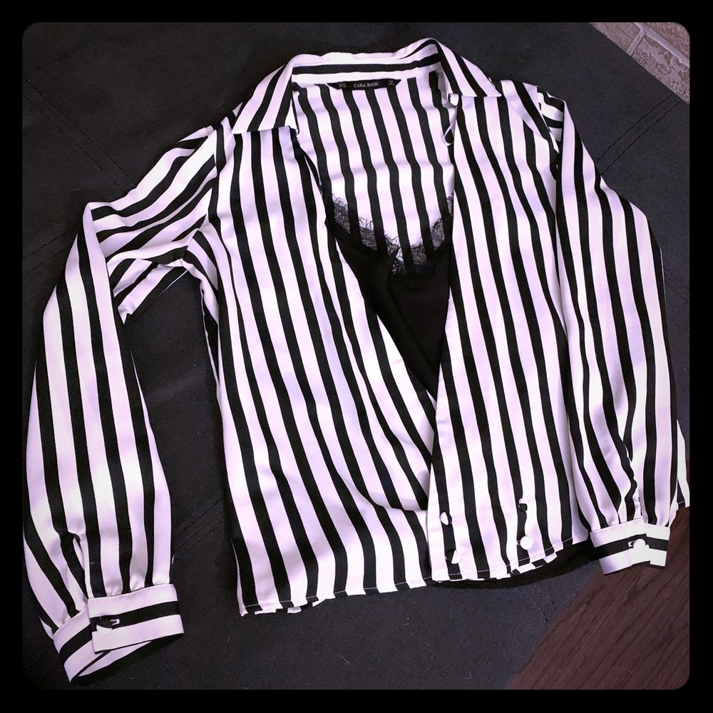 Zara Striped Blouse with Lace Trim Tank inset